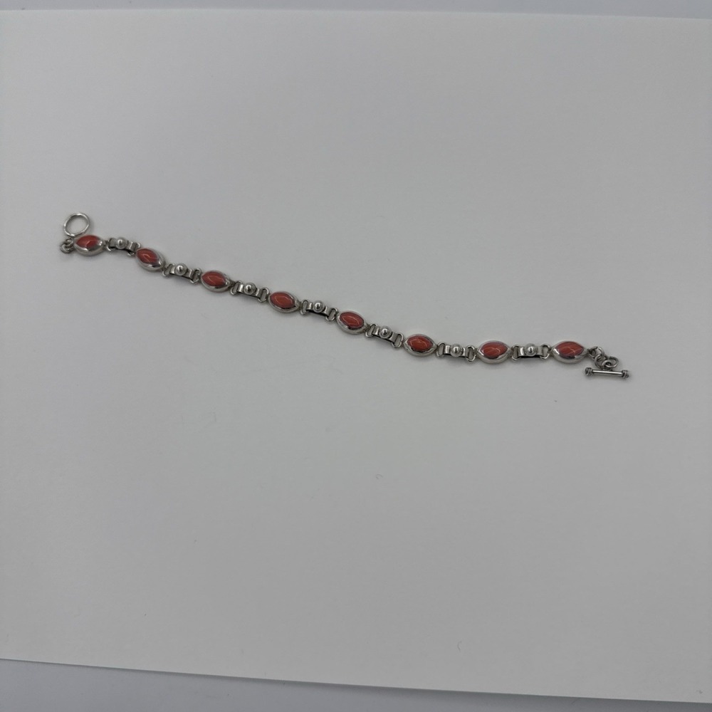 925 Sterling Silver Pink Coral Stone Oval Link Toggle Bracelet Mexico Vintage